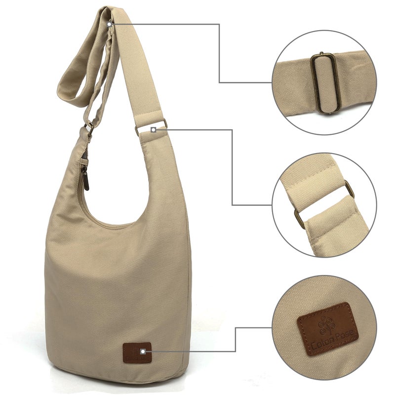 Coton Pose Hippie Crossbody Bag Large size Top Zip Cotton Sling Bag Jacquard cloth Handmade Bags (Tan Beige) - Image 4